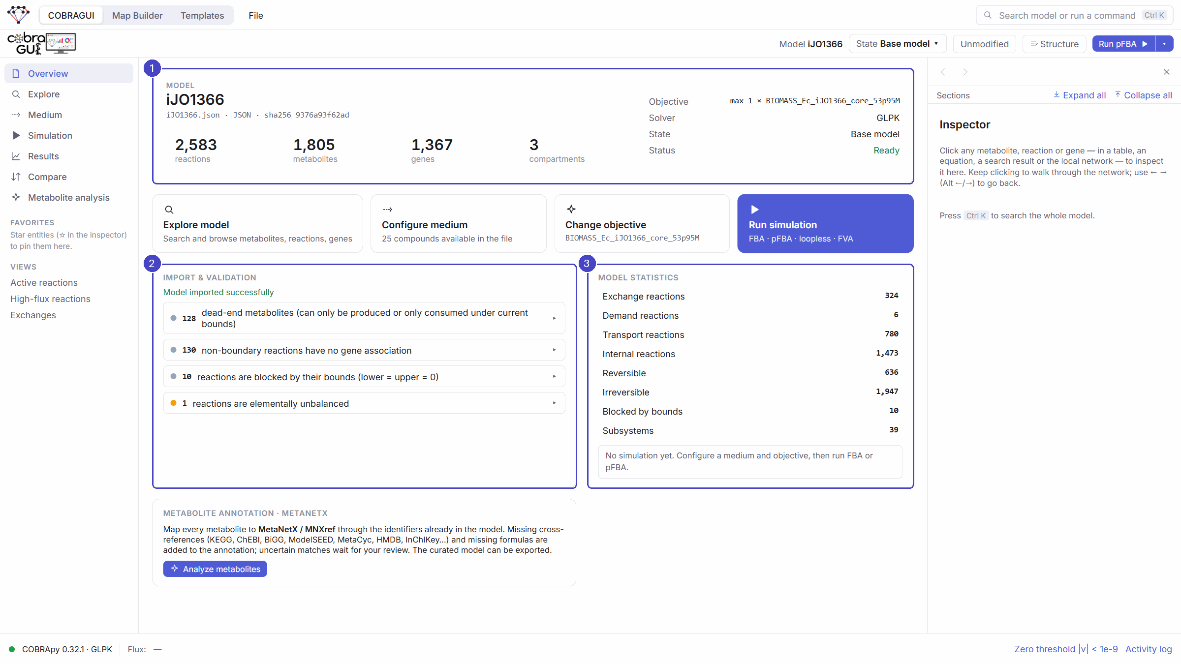 The COBRAGUI overview of iJO1366 with callouts on the model card (2,583 reactions, 1,805 metabolites, 1,367 genes, 3 compartments, objective BIOMASS_Ec_iJO1366_core_53p95M, solver GLPK), the import and validation notes, and the model statistics.