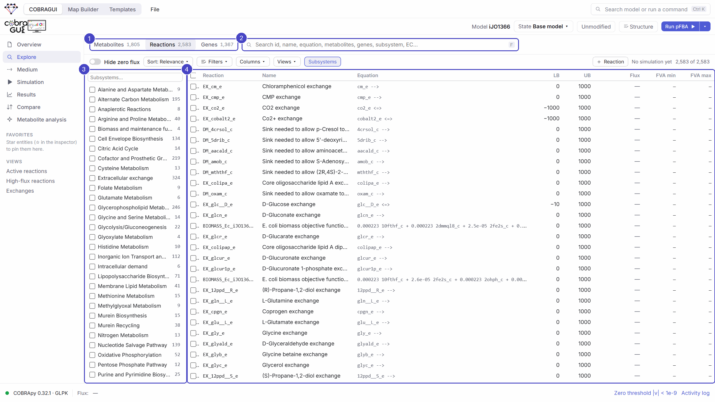 The Explore section of iJO1366: tabs Metabolites 1,805, Reactions 2,583 and Genes 1,367; the search box; the subsystem browser listing subsystems with their reaction counts; and the reaction table with ID, name, equation and bounds.