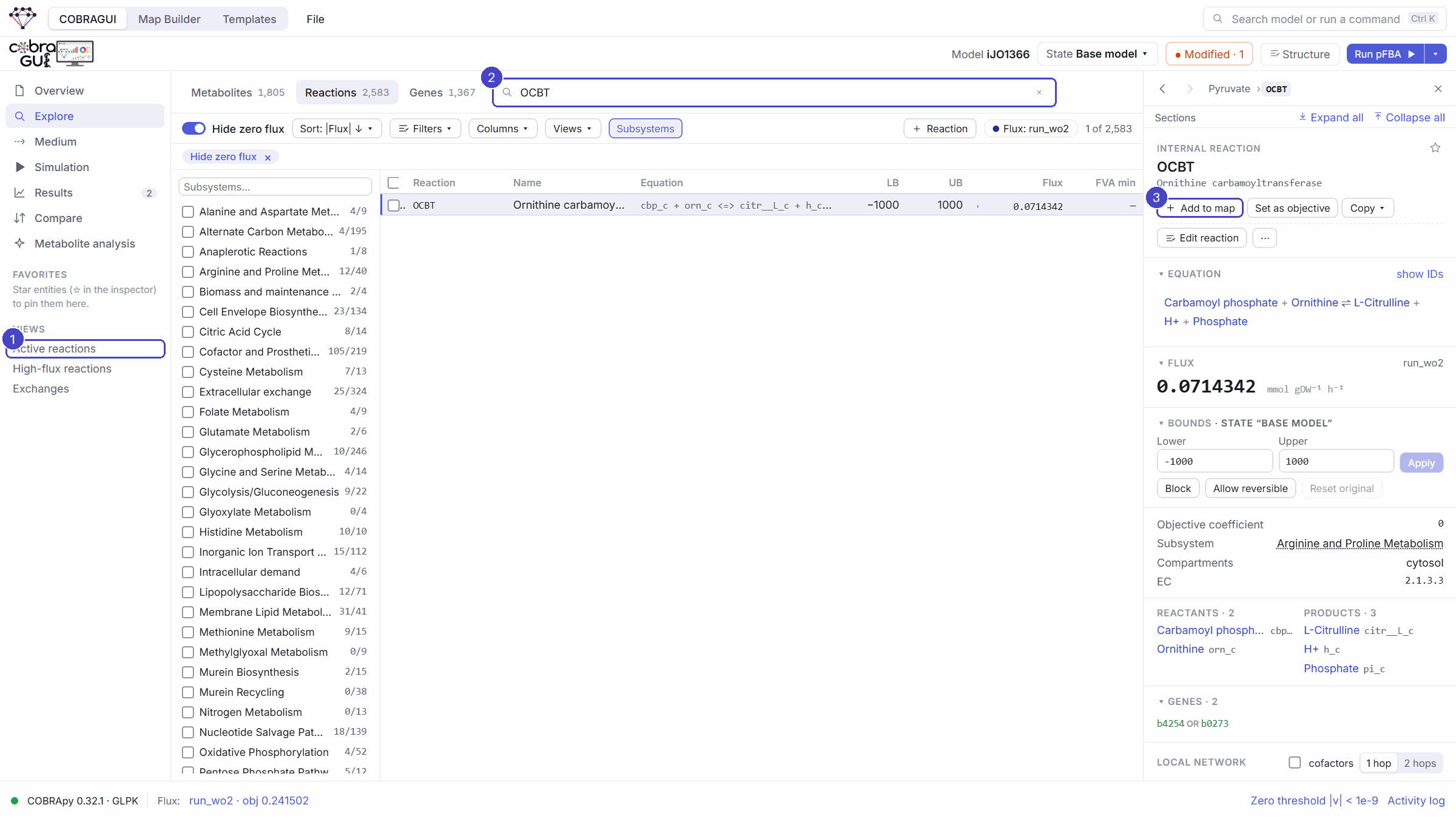The COBRAGUI Explore section with the "Active reactions" view highlighted in the sidebar, OCBT in the search box and the "Add to map" button of its inspector highlighted.