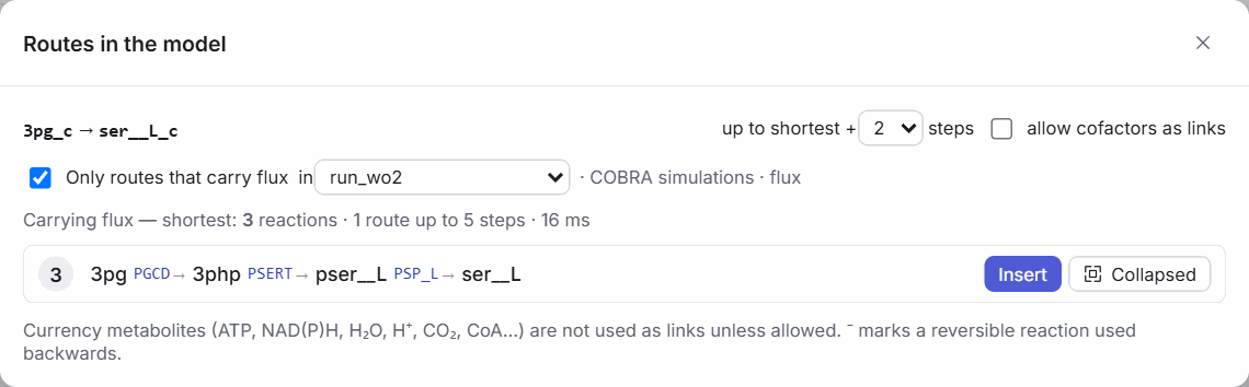 The Routes dialog for 3pg_c → ser__L_c: up to shortest + 2 steps, only routes that carry flux in run_wo2, one route of three reactions 3pg → PGCD → 3php → PSERT → pser__L → PSP_L → ser__L, with the buttons Insert and Collapsed.